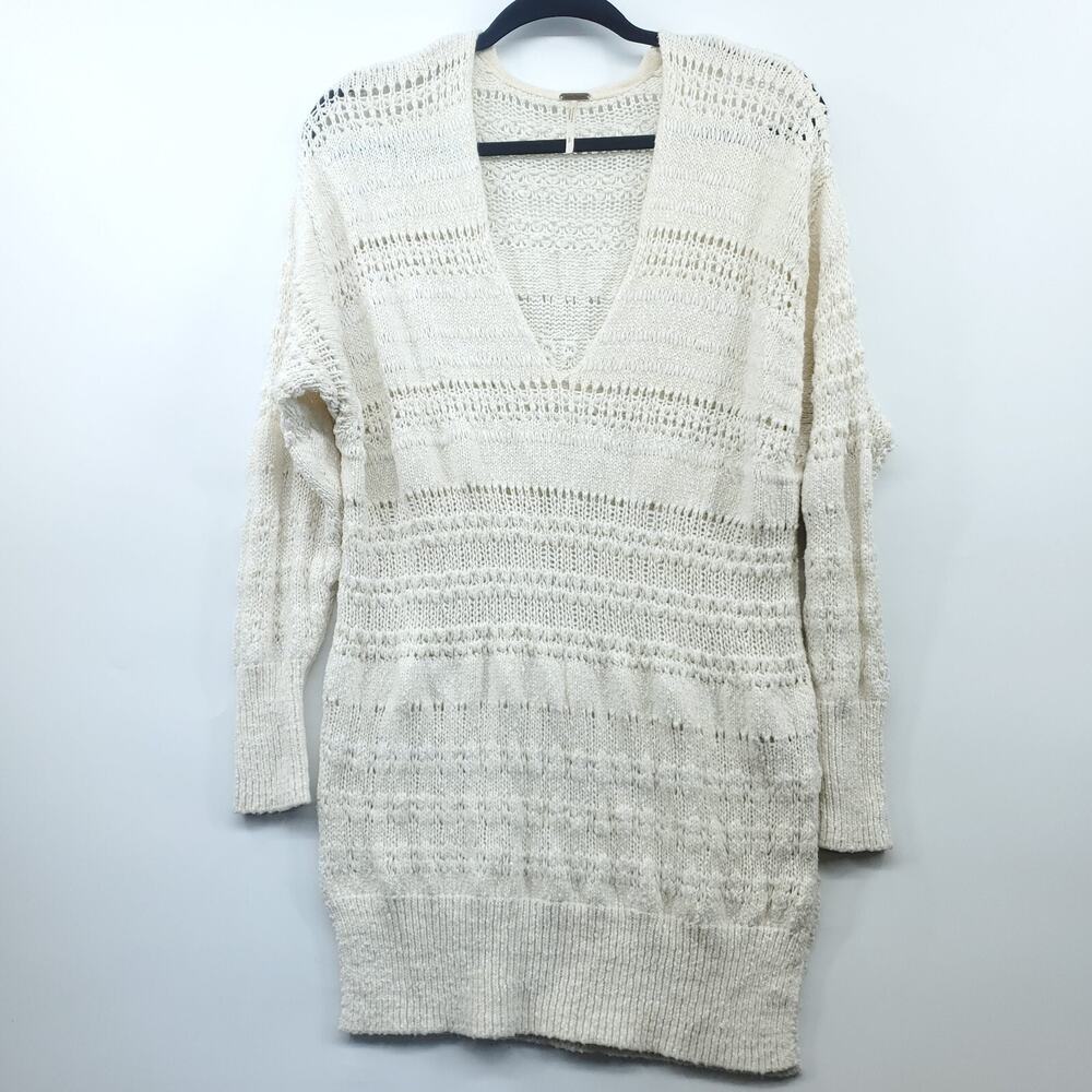 Free People Sweaters Womens Small Ivory Knit Cotton V-Neck Long Sleeve Pullover